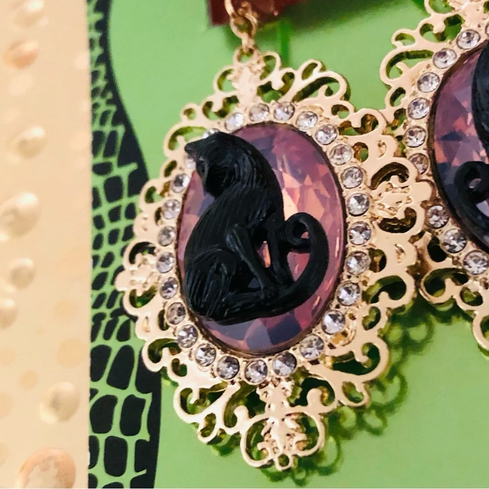 Authentic Betsey Johnson Earrings - Black Cat Gold Filigree Rhinestone Goth NWT